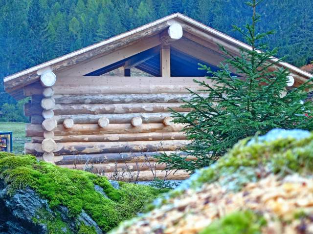Facciata esterna casa in tronchi di legno